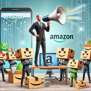 A dynamic scene with a businessperson standing at a desk, holding a megaphone and speaking to a group of animated Amazon packages and products. The packages and products have faces and look attentive, as if they are listening to the advice being given. The background includes a computer screen displaying the Amazon Vine program interface.