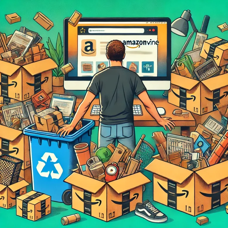 A person surrounded by various Amazon packages, with some packages opened and items spilling out. A cluttered desk with a computer screen displaying the Amazon Vine program interface is in the background. The scene includes recycling bins overflowing with cardboard and a mix of useful and bizarre items scattered around.