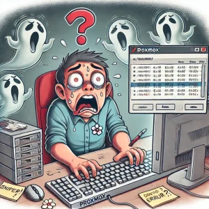 A cartoon-style image of a panicked person in front of a computer screen showing an empty '/etc/pve/' directory on a Proxmox interface, with ghostly virtual machines floating in the background and a lightbulb appearing above the character's head.