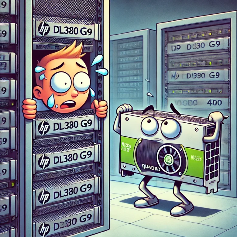 Cartoon of a rackmount HP DL380 G9 server looking exasperated as a Nvidia Quadro 4000 GPU tries to force itself into a rack slot.