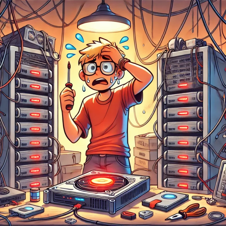 A cartoon-style illustration of a frustrated person surrounded by server hardware, tangled cables, and multiple hard drives, with one glowing red. The person is sweating and holding a screwdriver in a cluttered workspace filled with scattered tools and tech equipment