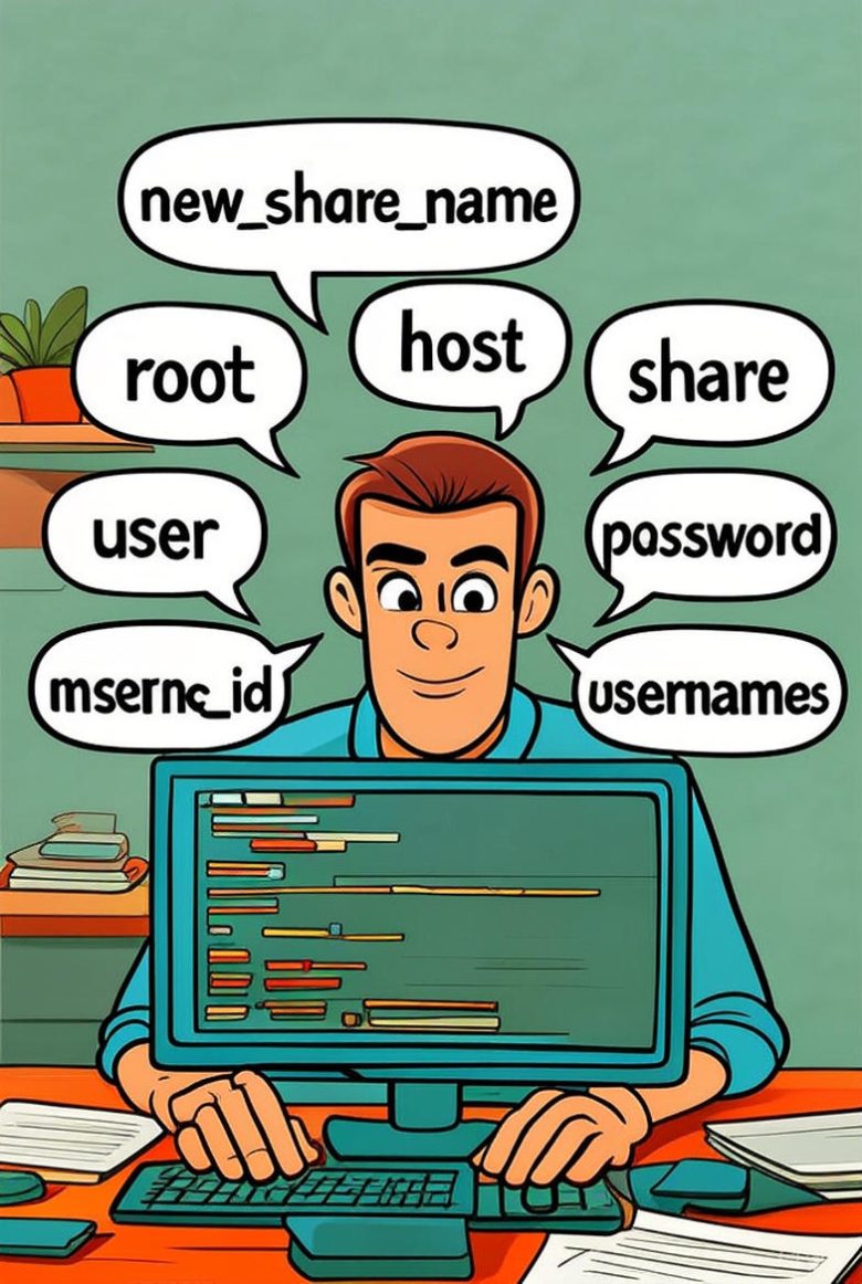 Cartoon illustration of a cheerful but slightly manic sysadmin sitting at a computer, typing furiously. His head is surrounded by floating speech bubbles containing Nextcloud SMB variables: "new_share_name", "host", "share", "root", "user", "password", "mount_id", and "usernames". He has a huge grin, as if the chaos of command-line variables is the most fun he's had all week.