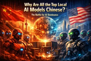 Illustration of Chinese and American AI systems facing off across a glowing digital globe, symbolizing competition between open local models and frontier AI platforms