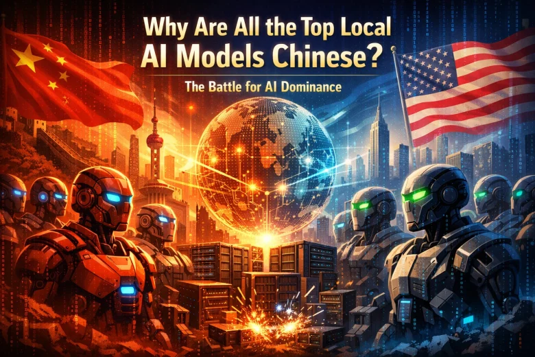 Illustration of Chinese and American AI systems facing off across a glowing digital globe, symbolizing competition between open local models and frontier AI platforms