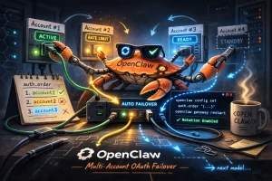 Diagram showing OpenClaw rotating between two Codex OAuth accounts to handle rate limits and provide automatic failover.