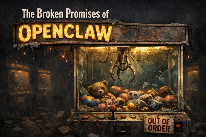 Broken arcade claw machine labeled “OpenClaw” with an out-of-order sign and abandoned toys inside, symbolizing failed promises.