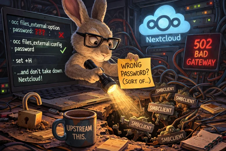 Cartoon rabbit with glasses shining a flashlight into a hole filled with “smbclient” gremlins while debugging a Nextcloud 502 error and password configuration issue.